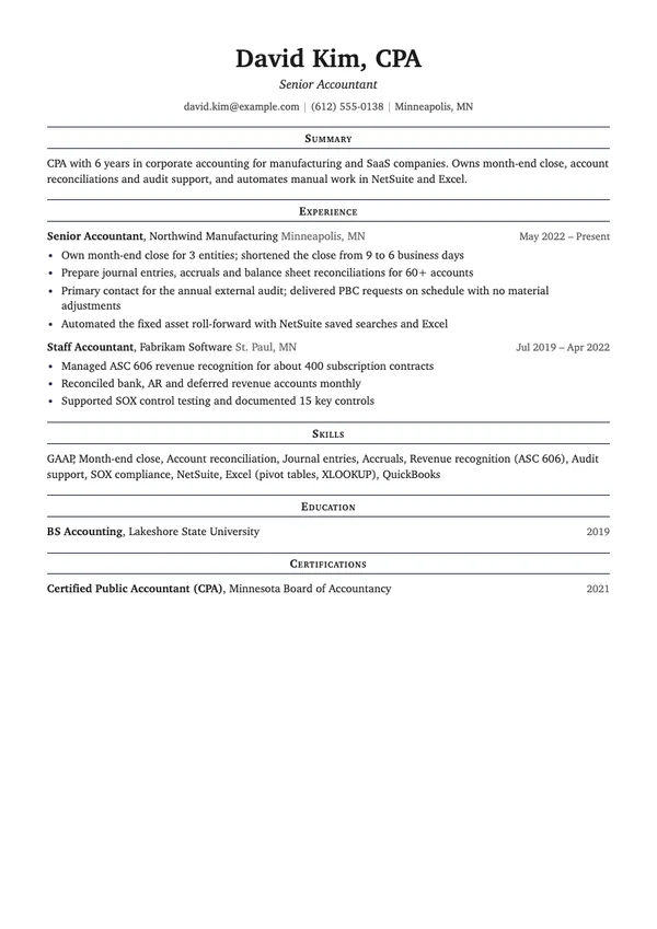 Sample accountant resume for fictional candidate David Kim, CPA, Senior Accountant, in the Classic template, showing summary, experience at Northwind Manufacturing, skills and education
