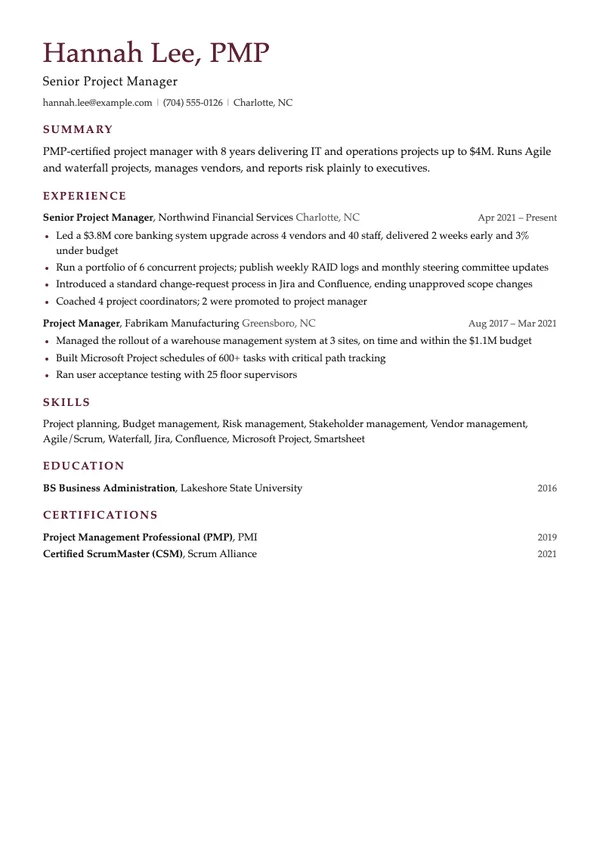 Sample project manager resume for fictional candidate Hannah Lee, PMP, Senior Project Manager, in the Executive template, showing summary, experience at Northwind Financial Services, skills and education