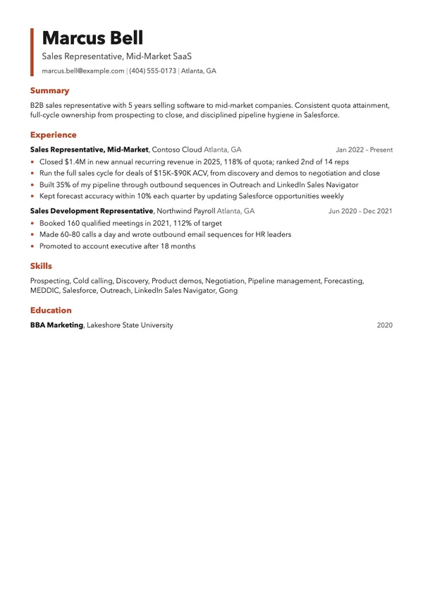 Sample sales representative resume for fictional candidate Marcus Bell, Sales Representative, Mid-Market SaaS, in the Modern template, showing summary, experience at Contoso Cloud, skills and education