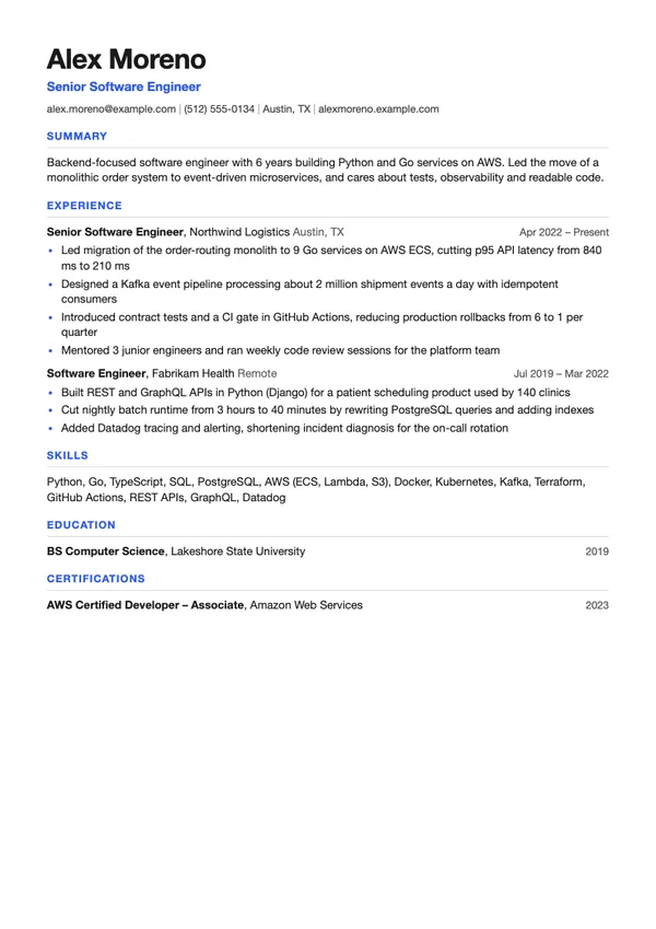 Sample software engineer resume for fictional candidate Alex Moreno, Senior Software Engineer, in the Clean template, showing summary, experience at Northwind Logistics, skills and education