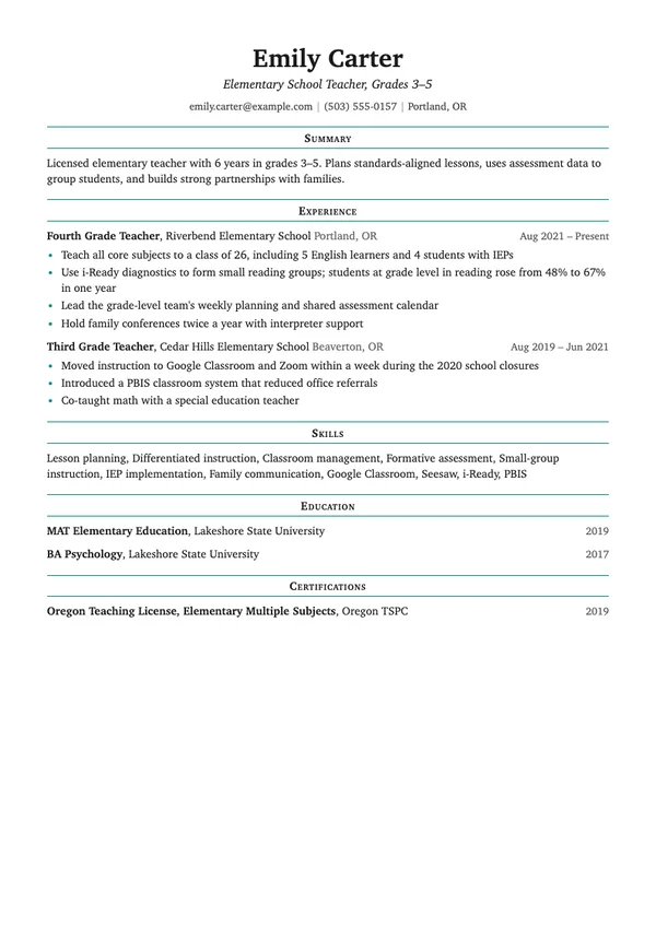 Sample teacher resume for fictional candidate Emily Carter, Elementary School Teacher, Grades 3–5, in the Classic template, showing summary, experience at Riverbend Elementary School, skills and education