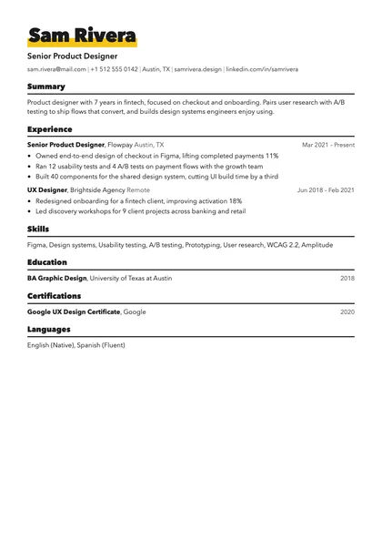 Bold resume template with a sample product designer resume