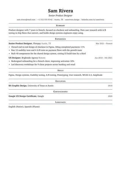 Classic resume template with a sample product designer resume