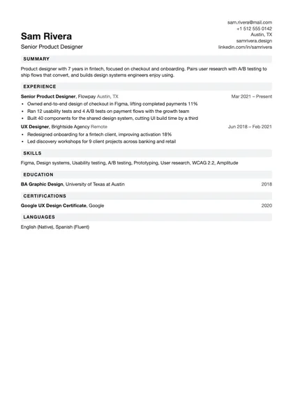 Compact resume template with a sample product designer resume